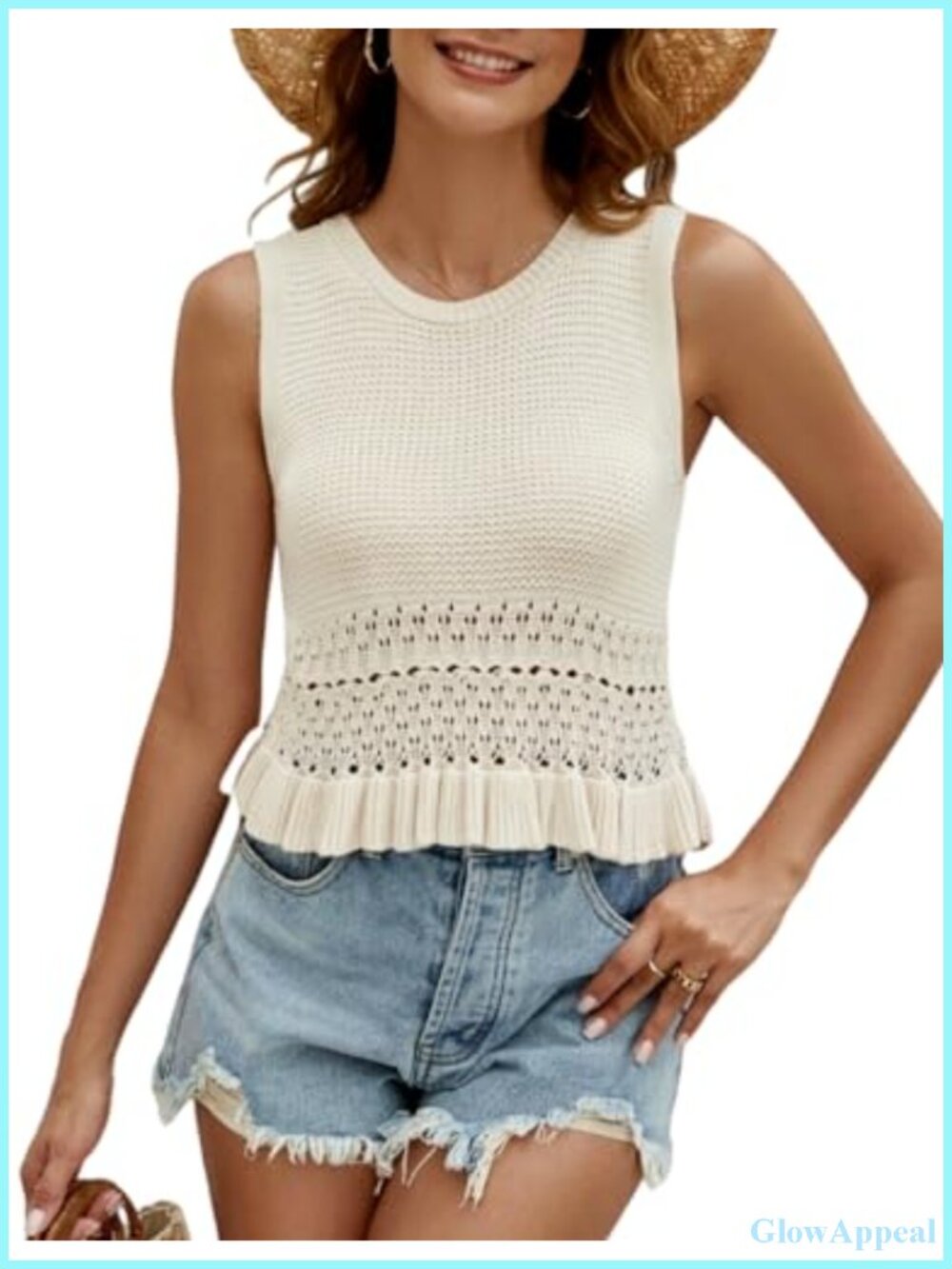 Crochet Crop Tank Top Sleeveless Knit Sweater Vest Ruffle Hem
